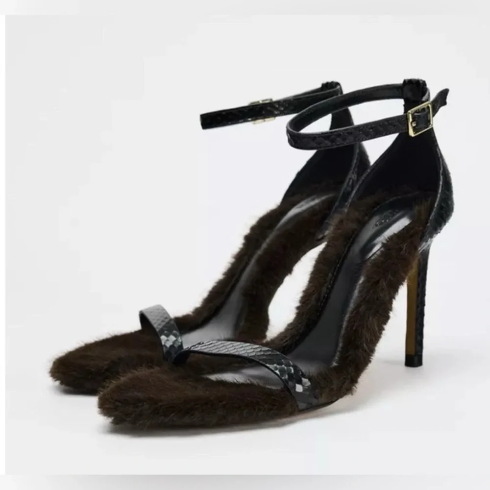Zara Black and Brown Fur-Trimmed Sandals